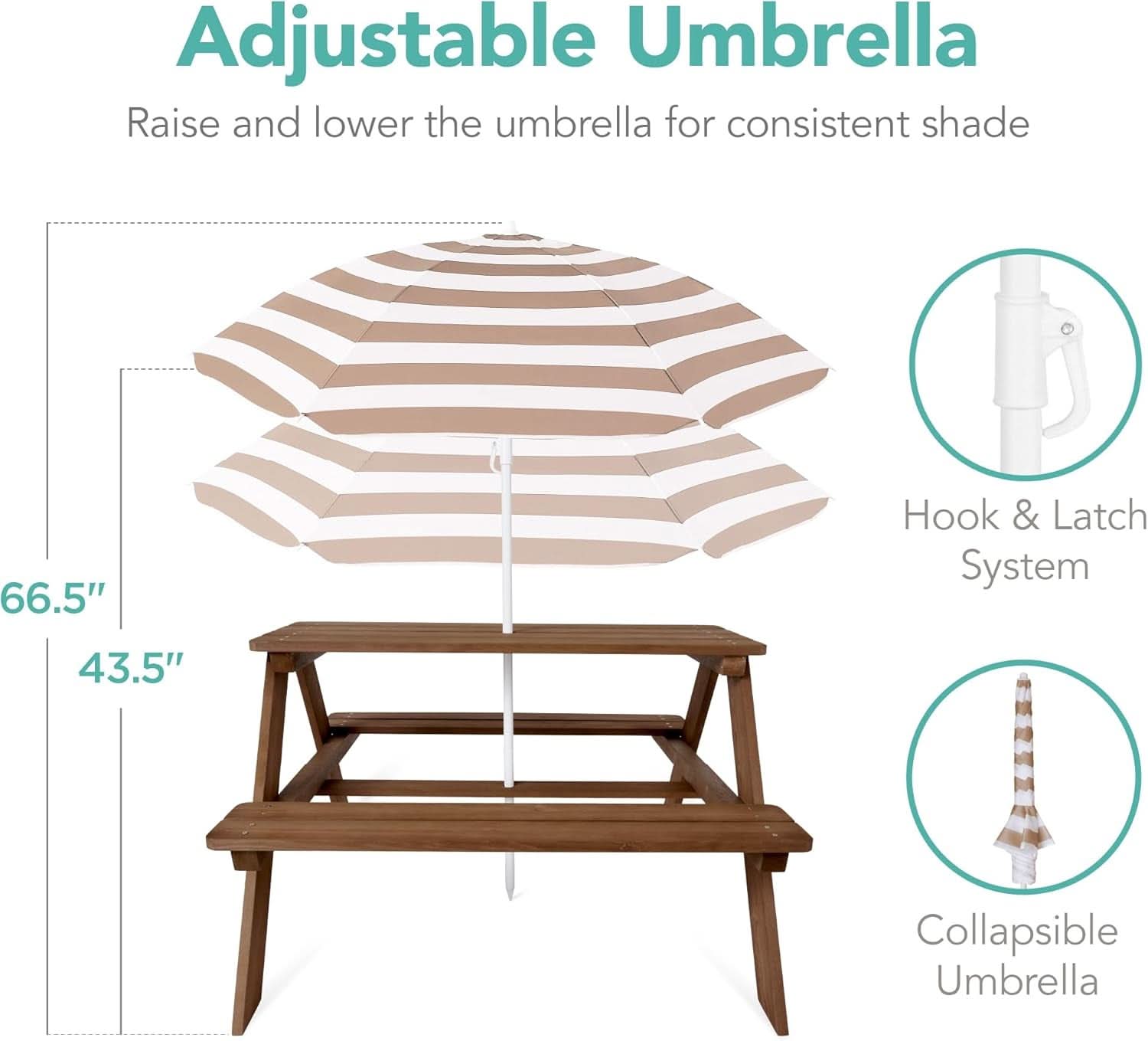 Walnut Wooden Kids Picnic Table With Adjustable Umbrella