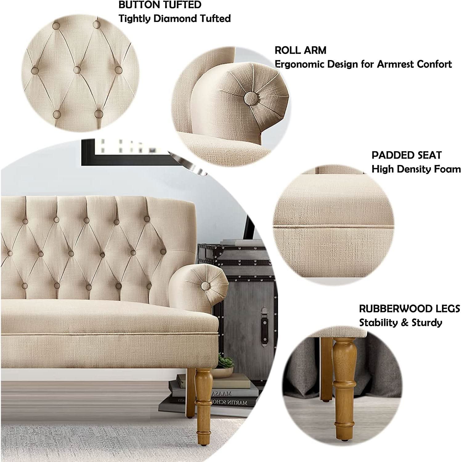 Warm Beige Loveseat Sofa Set With Tufted Back Upholstery
