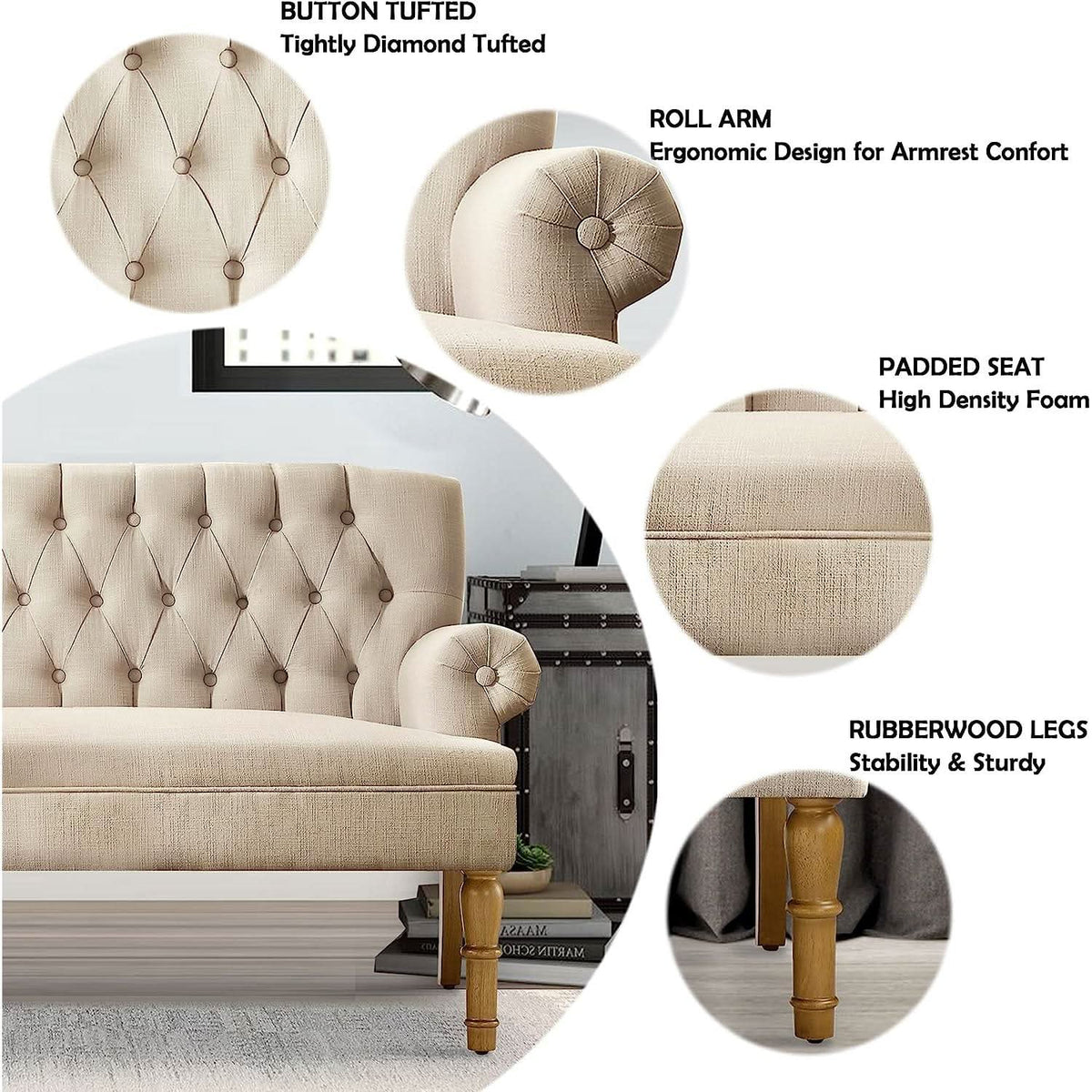 Warm Beige Tufted Linen Love Seat For Small Spaces