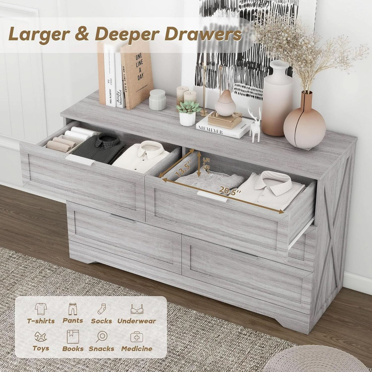 Wash Grey Six Drawer Contemporary Hardwood Dresser