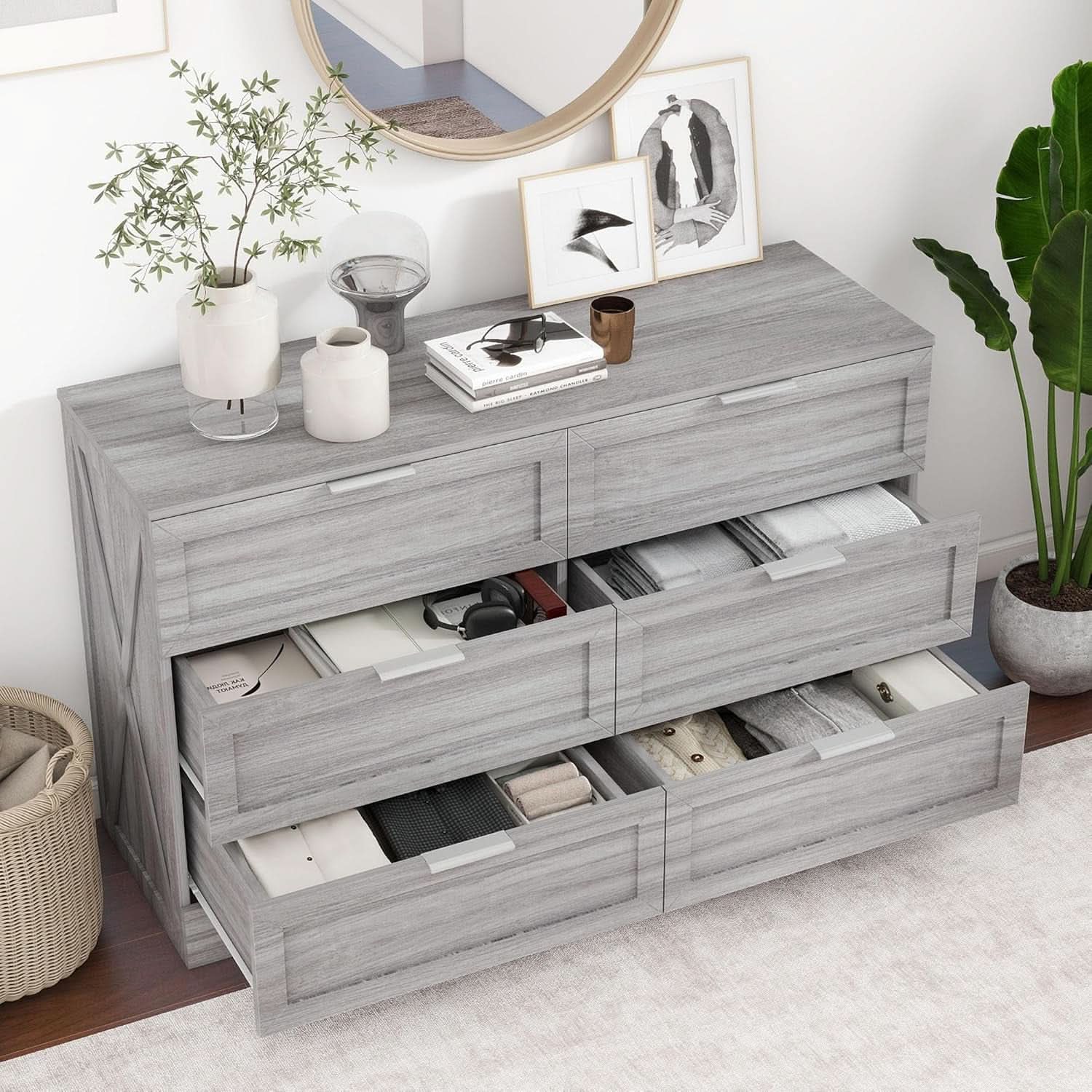 Wash Grey Six Drawer Contemporary Hardwood Dresser