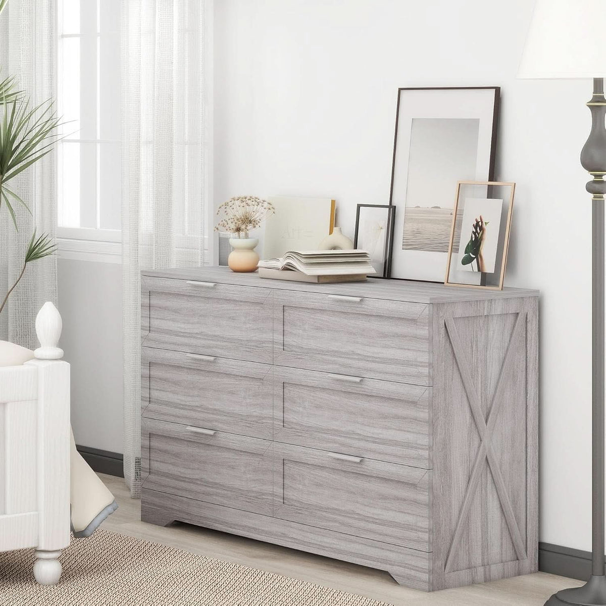 Wash Grey Six Drawer Contemporary Hardwood Dresser