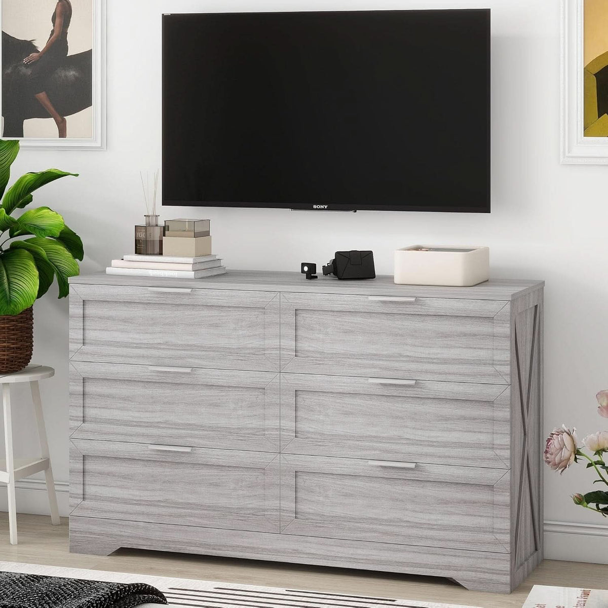 Wash Grey Six Drawer Contemporary Hardwood Dresser