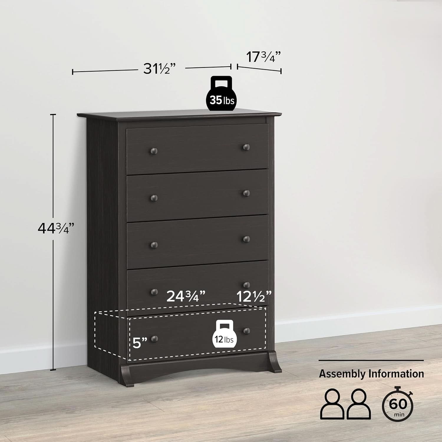 Washed Black Traditional 5 Drawer Tall Dresser For Bedroom