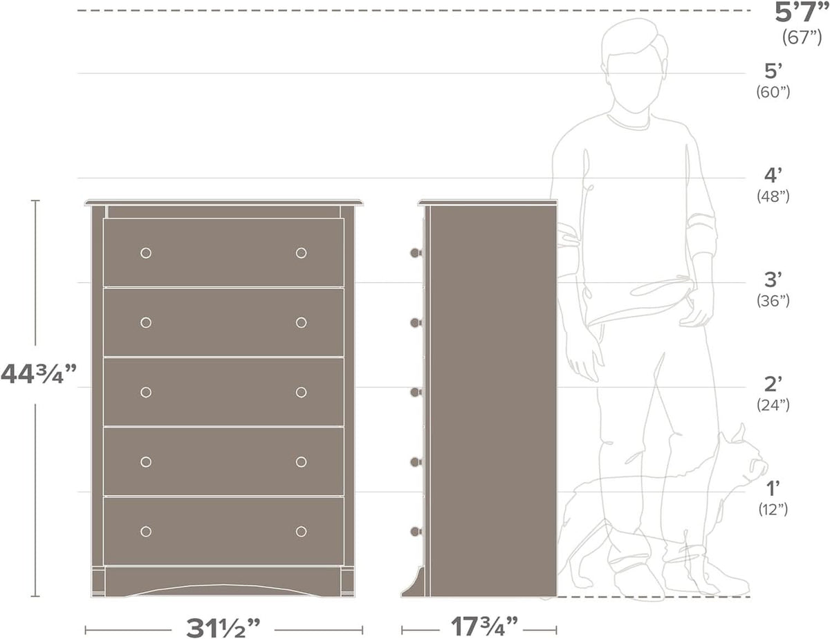 Washed Black Traditional 5 Drawer Tall Dresser For Bedroom
