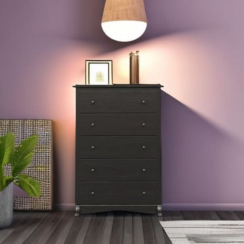 Washed Black Traditional 5 Drawer Tall Dresser For Bedroom