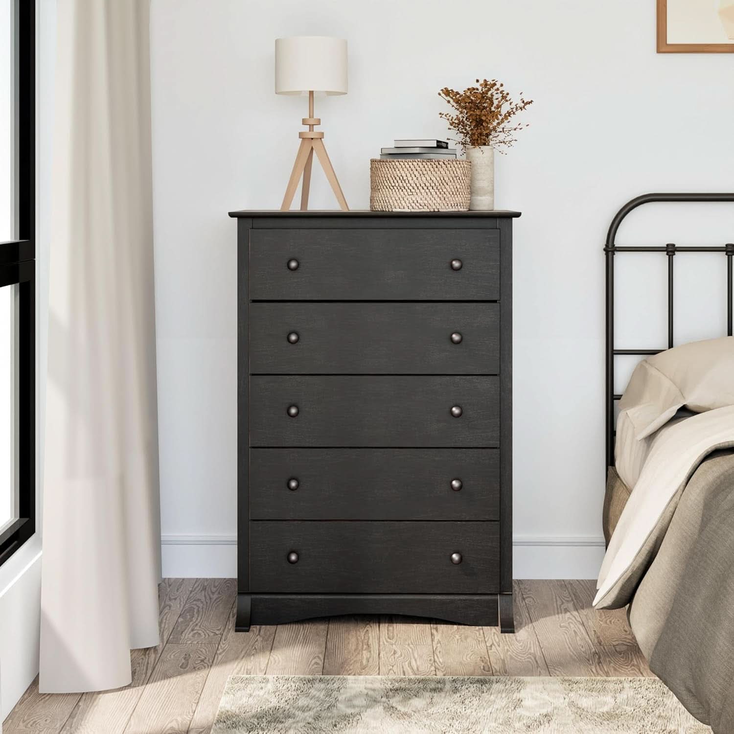 Washed Black Traditional 5 Drawer Tall Dresser For Bedroom
