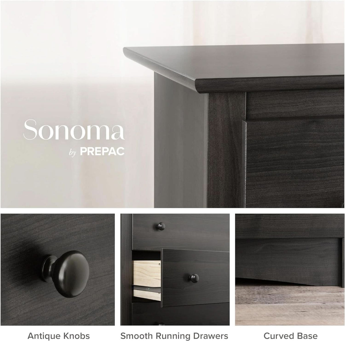 Washed Black Traditional 5 Drawer Tall Dresser For Bedroom