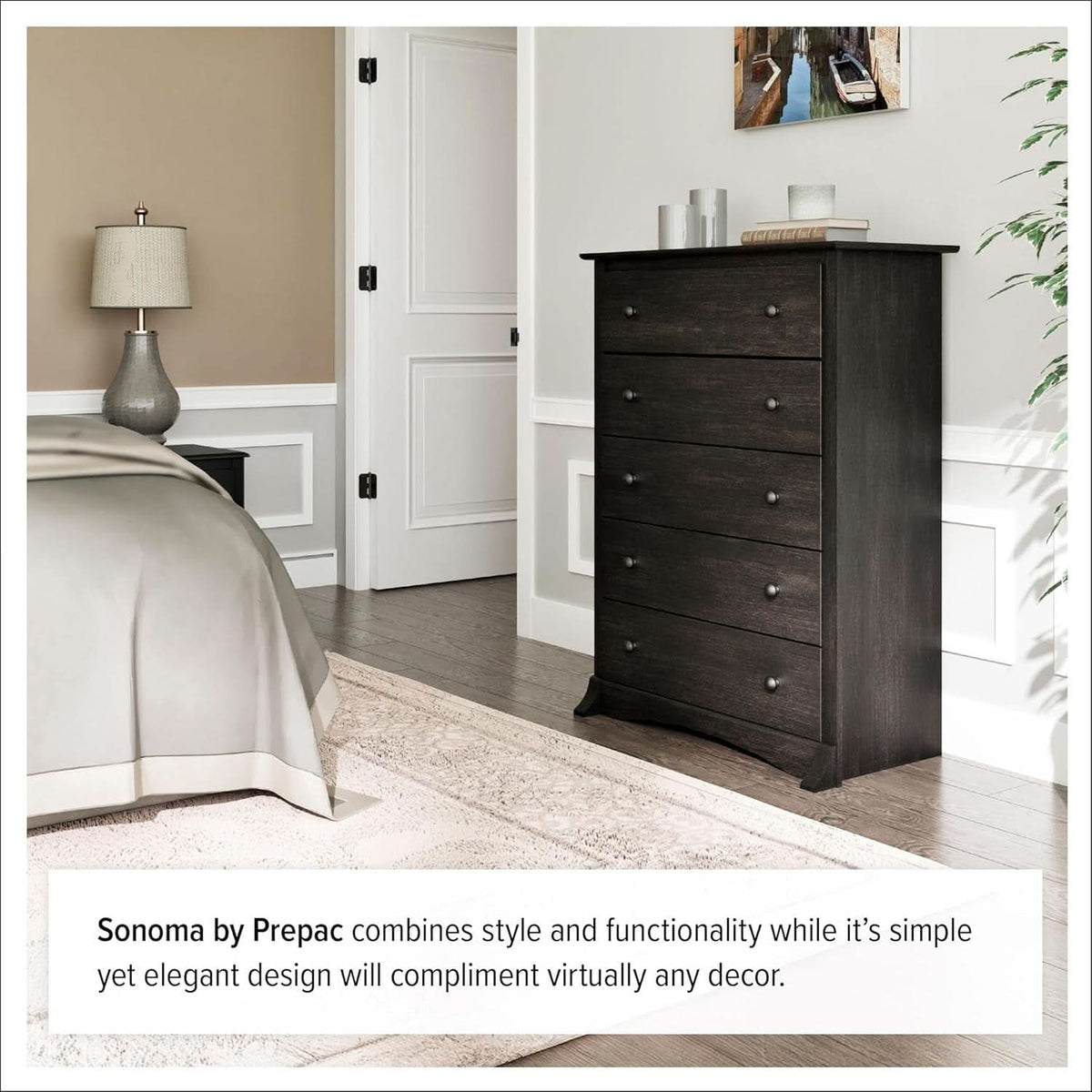 Washed Black Traditional 5 Drawer Tall Dresser For Bedroom