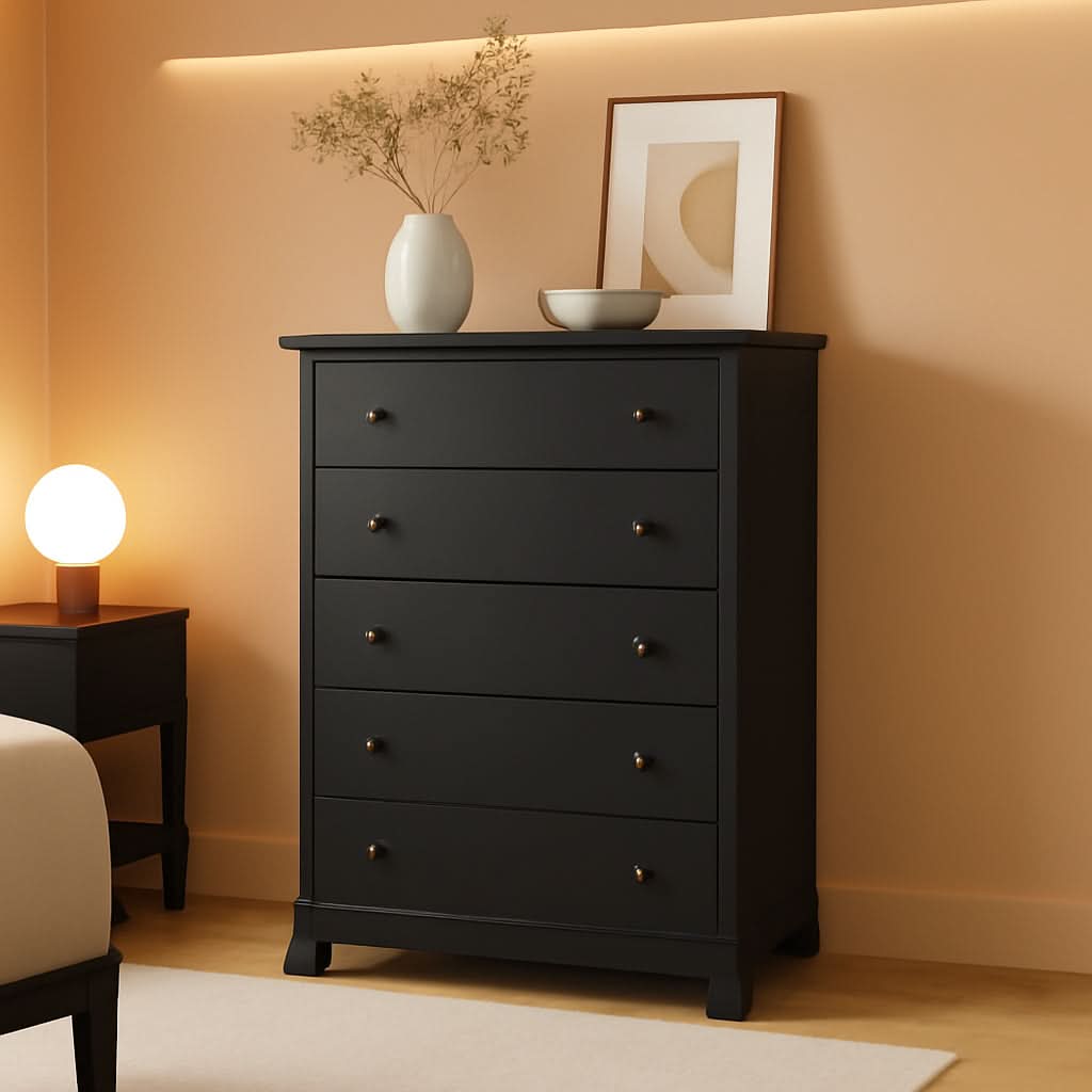 Washed Black Traditional 5 Drawer Tall Dresser For Bedroom