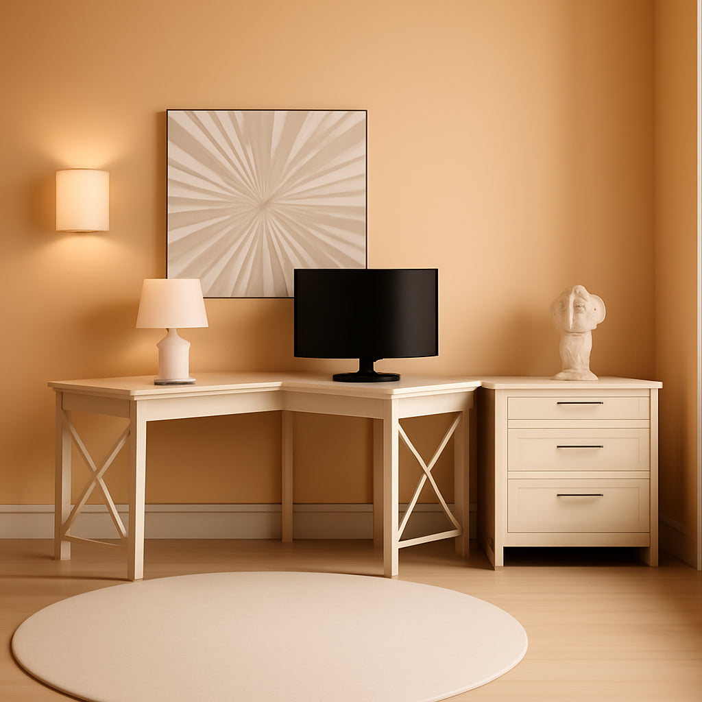 Washed Gray L-Shaped Desk With File Cabinet, 60 Inch Wide