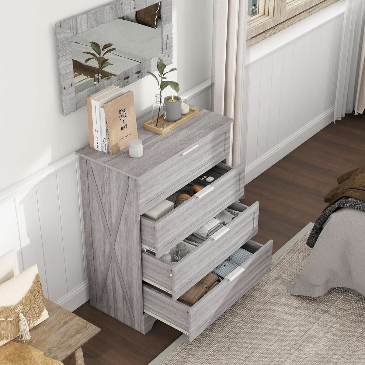 Washed Grey Farmhouse 4 Drawer Distinctive Dresser