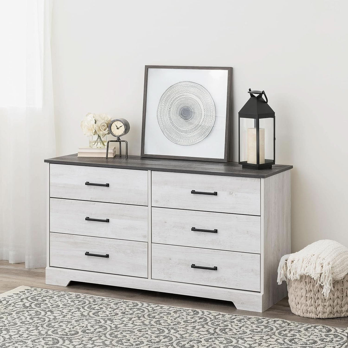 Washed White Farmhouse Dresser 6 Drawer Chest 53 Inch Wide