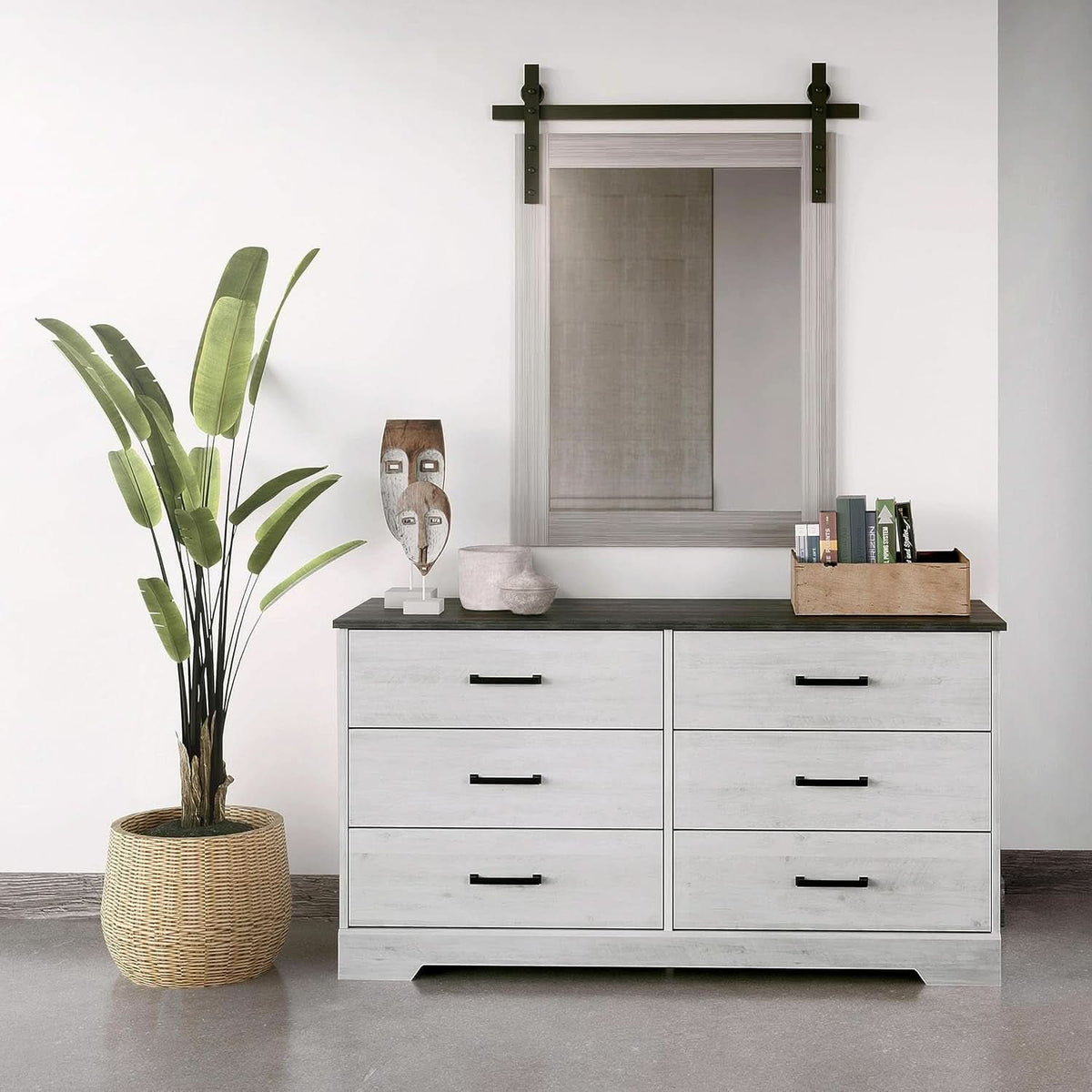 Washed White Farmhouse Dresser 6 Drawer Chest 53 Inch Wide
