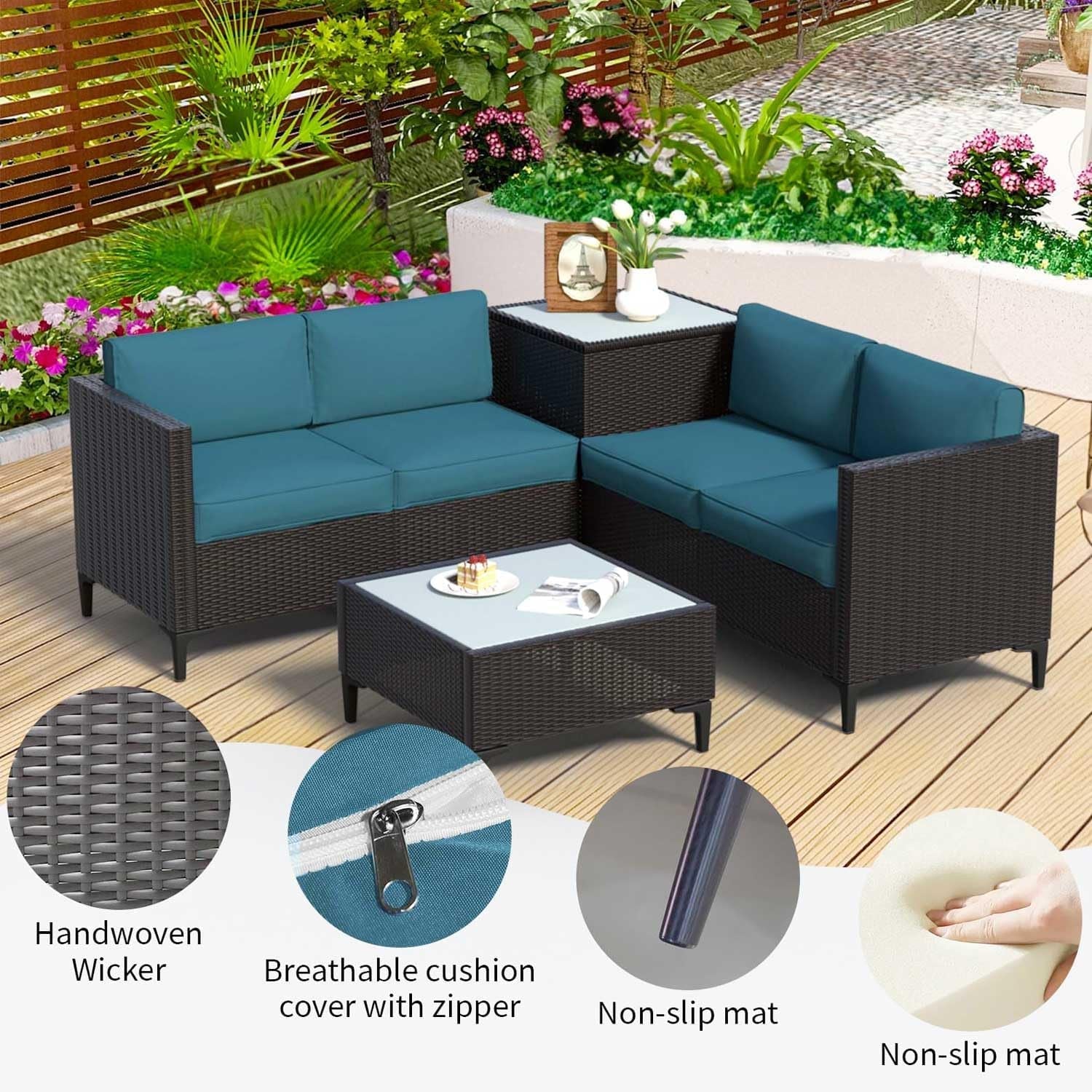 Waterproof Rattan Patio Furniture Set with Thick Cushions