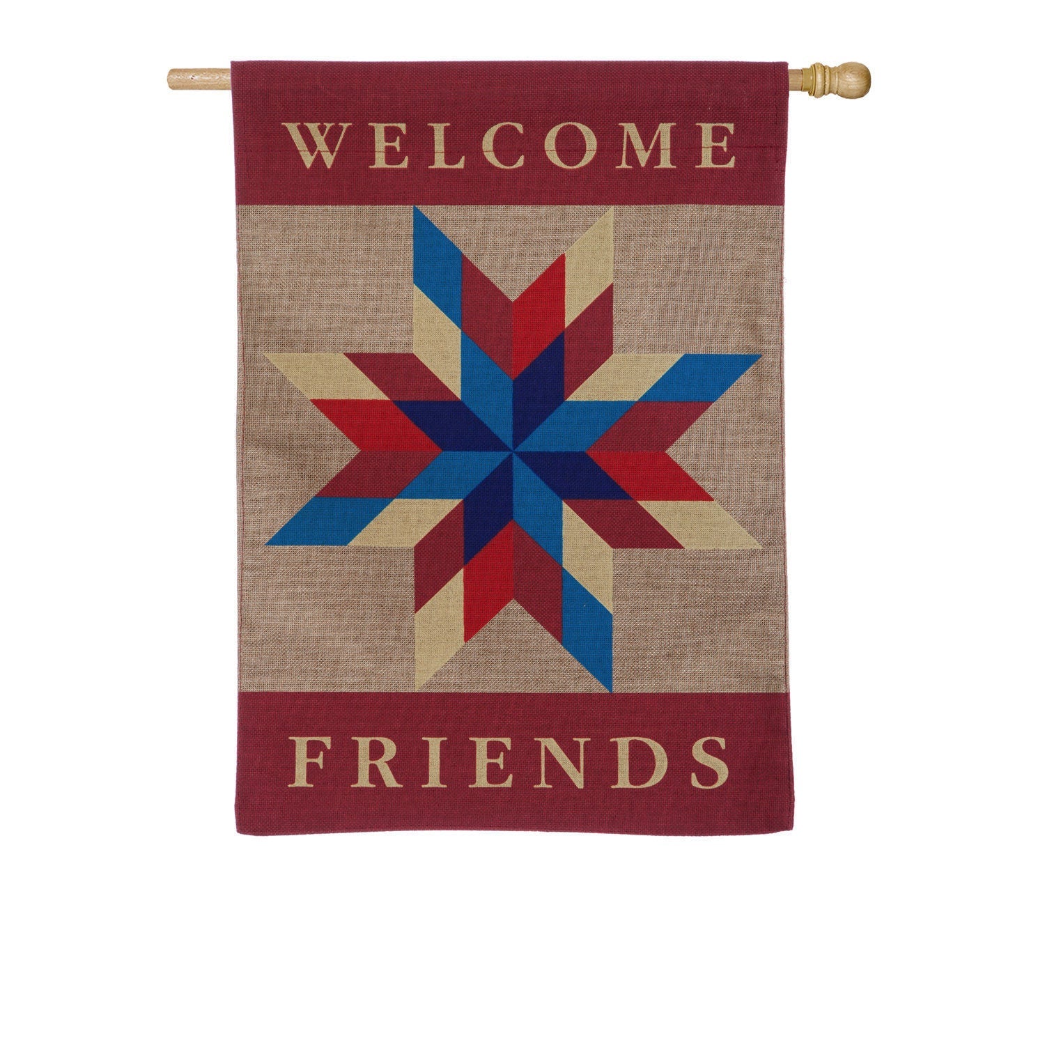 Welcome Friends Quilted Star Burlap Garden Flag