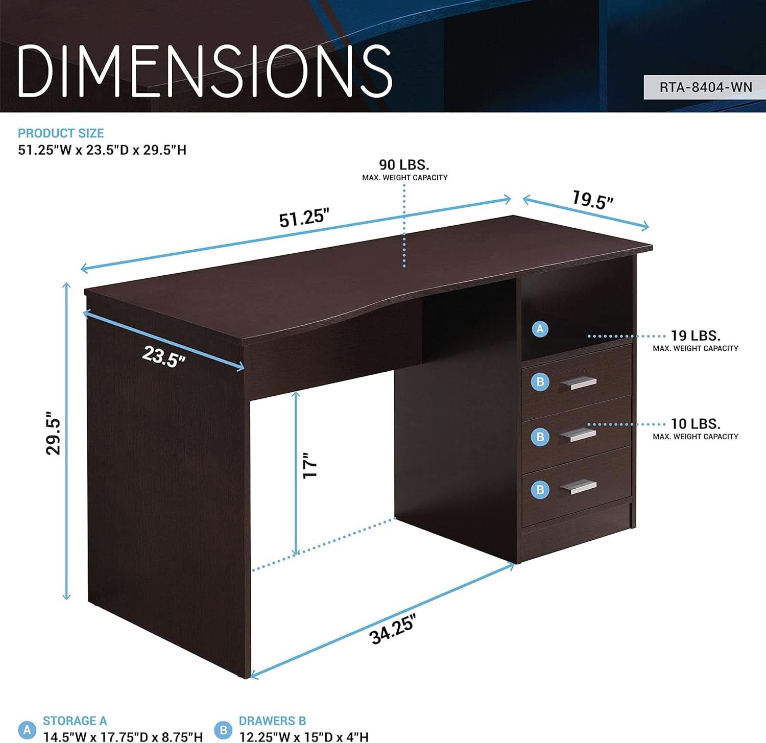 Wenge Computer Desk With 3 Drawers And Side Storage Shelf