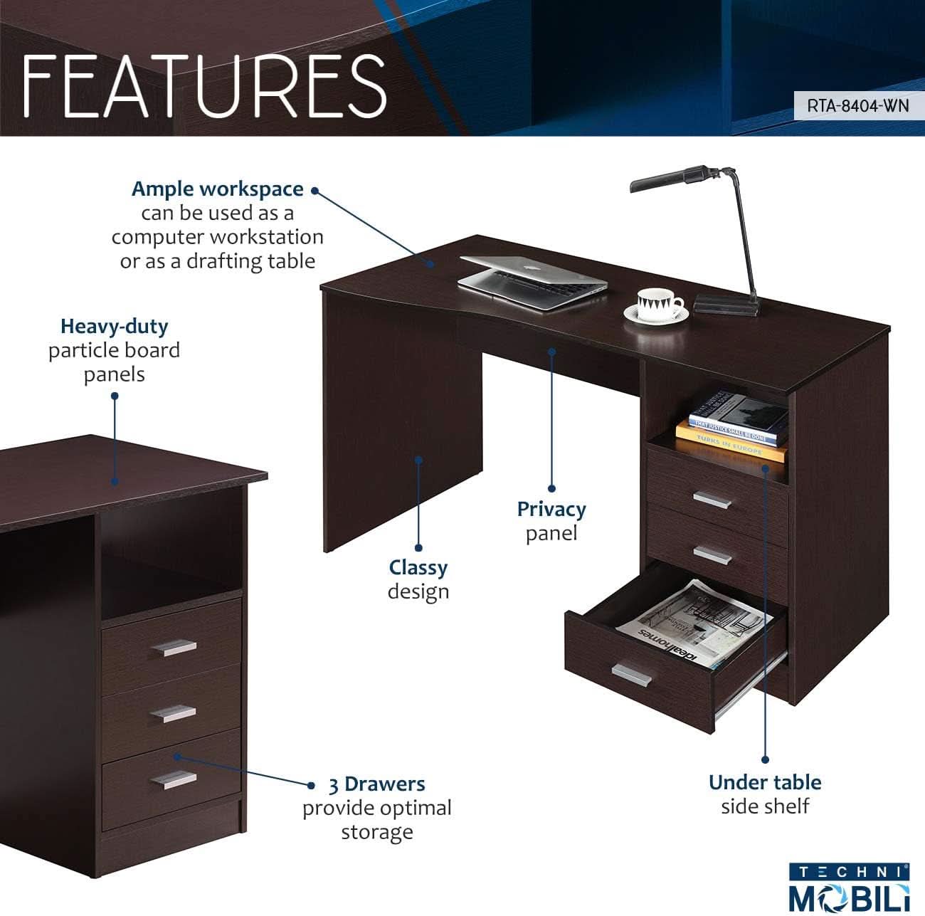 Wenge Computer Desk With 3 Drawers And Side Storage Shelf