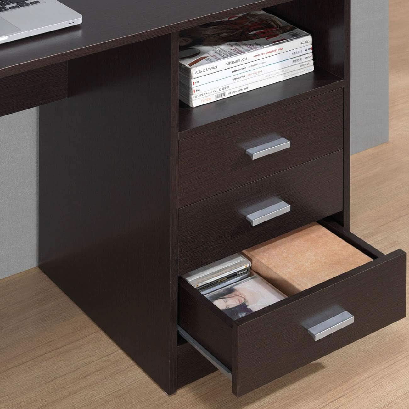 Wenge Computer Desk With 3 Drawers And Side Storage Shelf