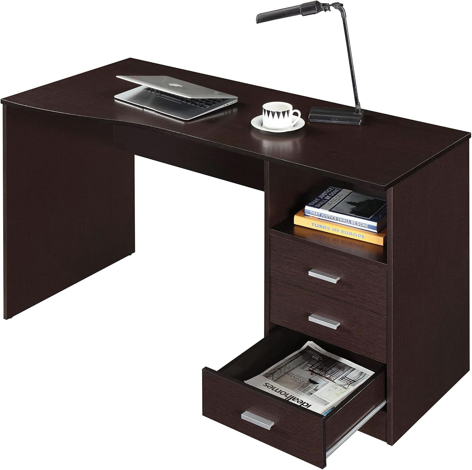 Wenge Computer Desk With 3 Drawers And Side Storage Shelf