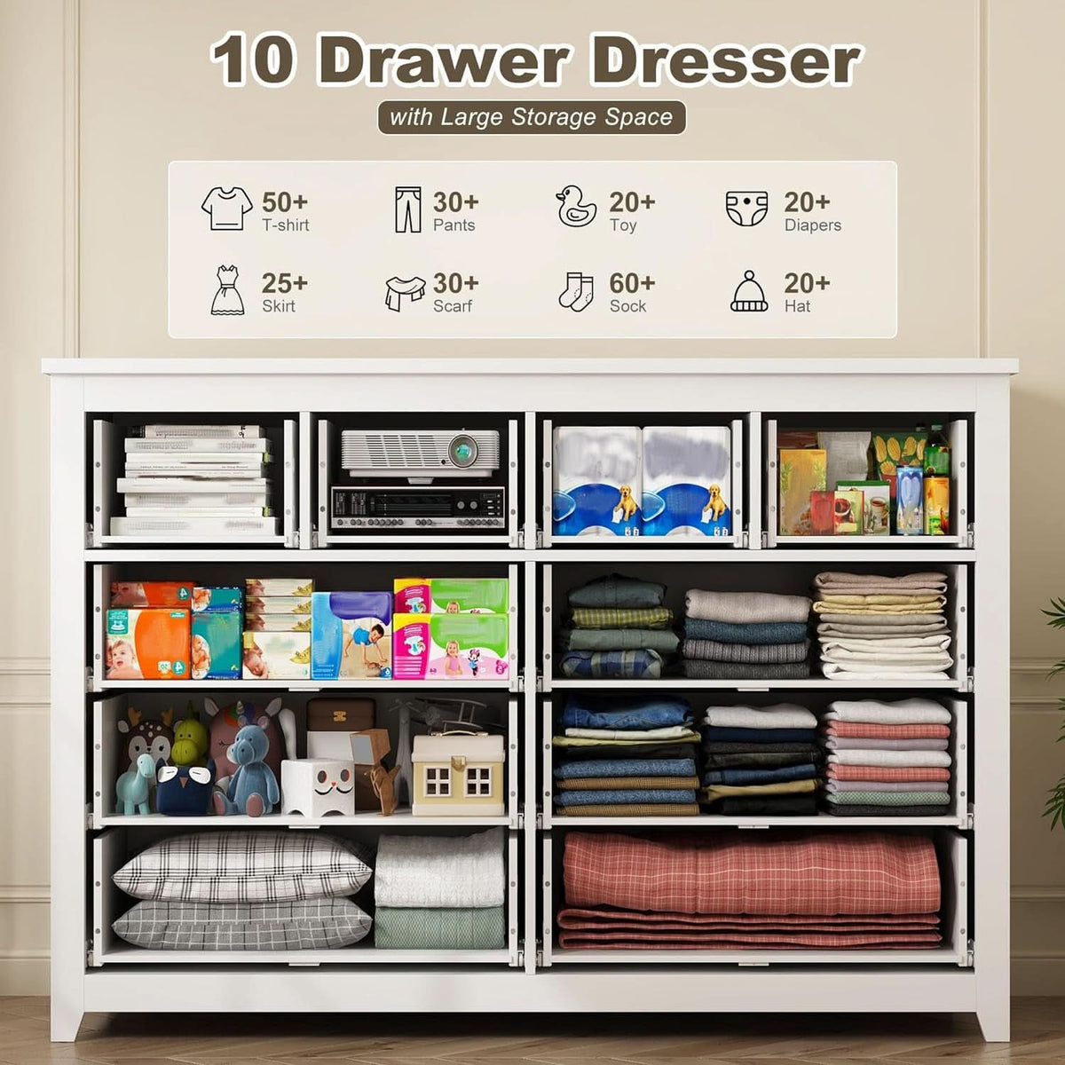 White 10-Drawer Dresser With Deep Storage Modern Design