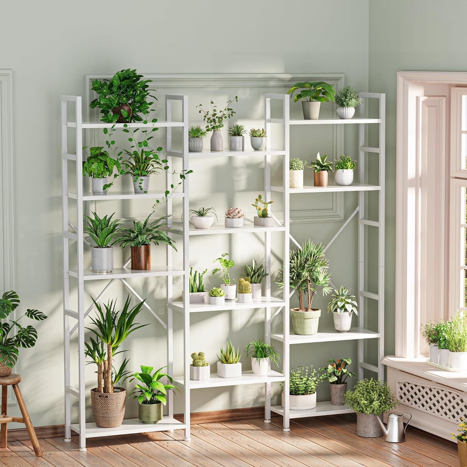 White 14 Shelf Ladder Bookshelf With Adjustable Feet
