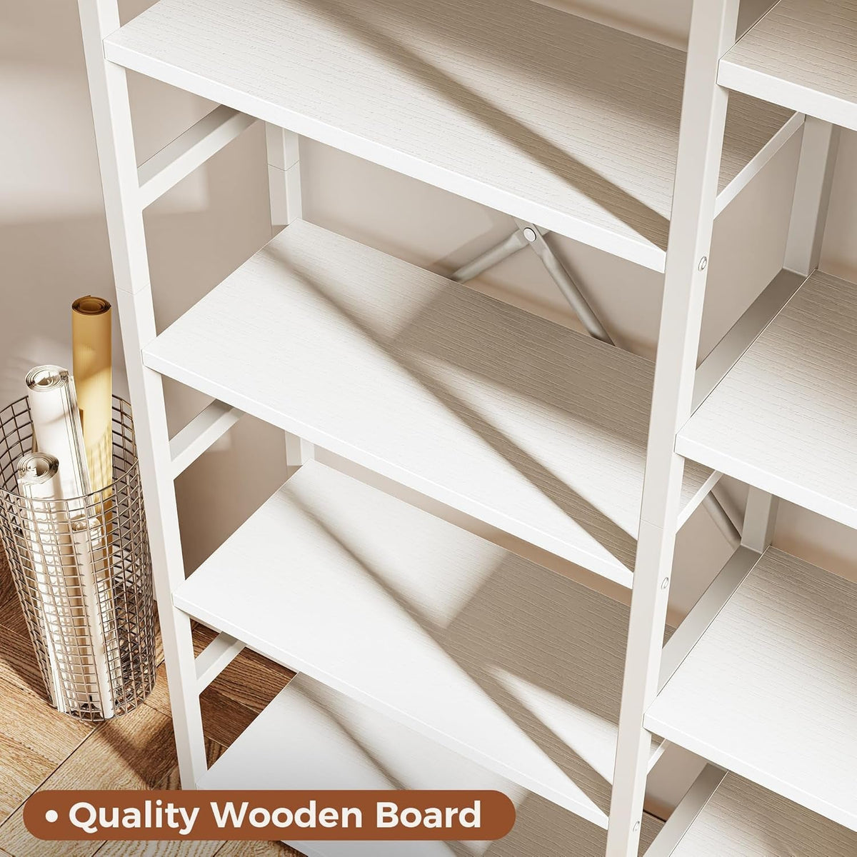 White 14 Shelf Ladder Bookshelf With Adjustable Feet