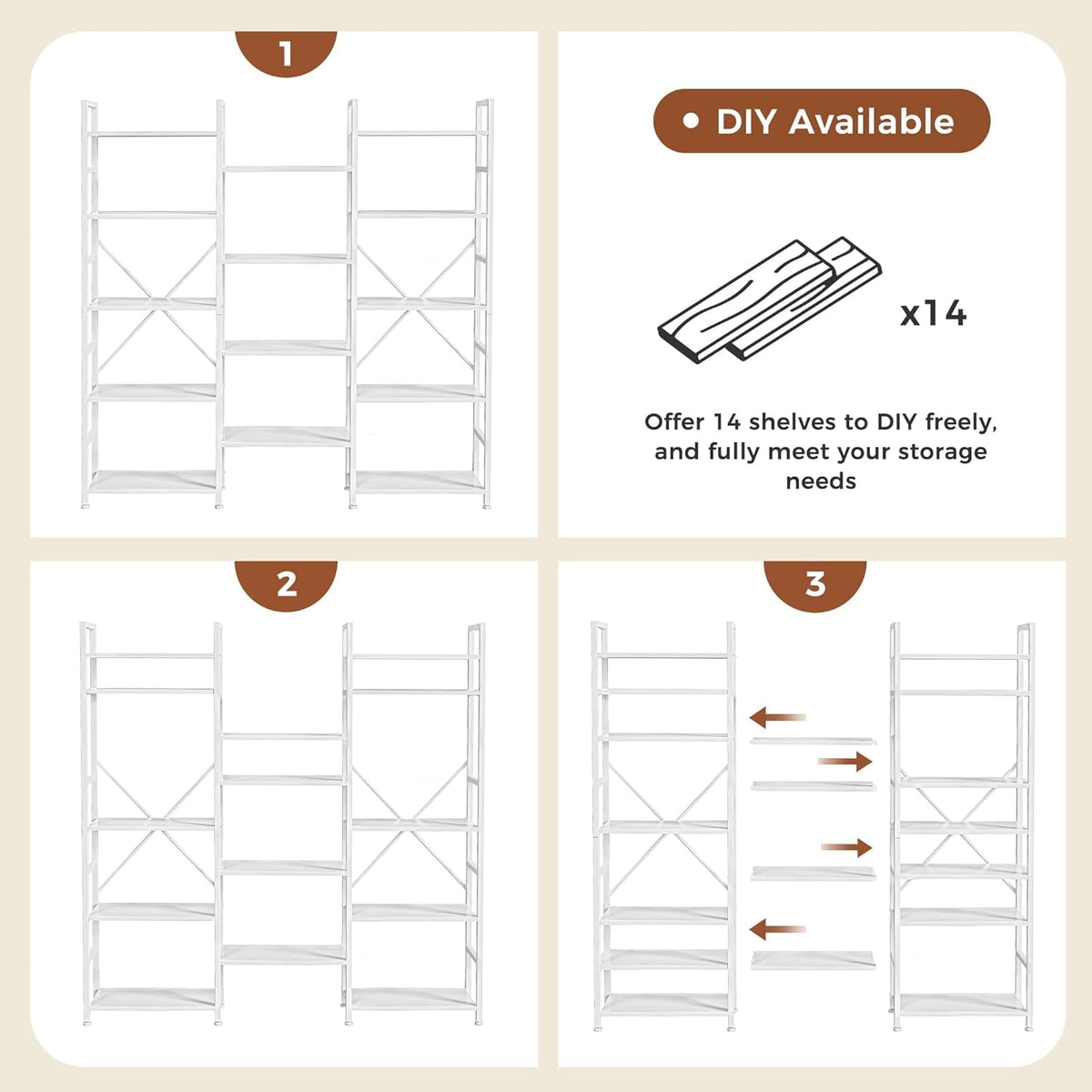 White 14 Shelf Ladder Bookshelf With Adjustable Feet