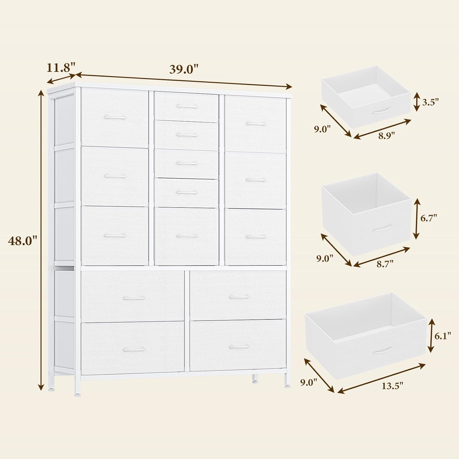 White 15 Drawer Bedroom Dresser With Wood Tabletop