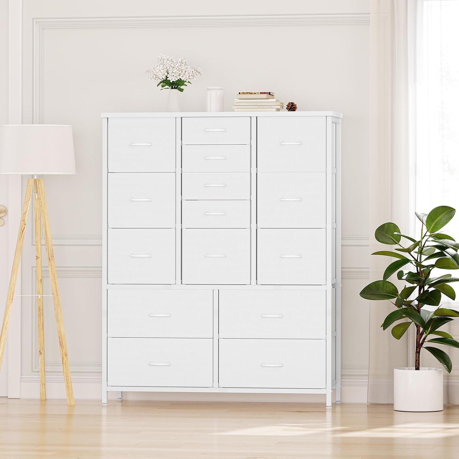 White 15 Drawer Bedroom Dresser With Wood Tabletop