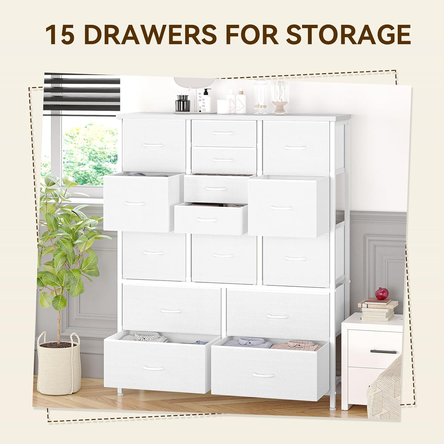 White 15 Drawer Bedroom Dresser With Wood Tabletop