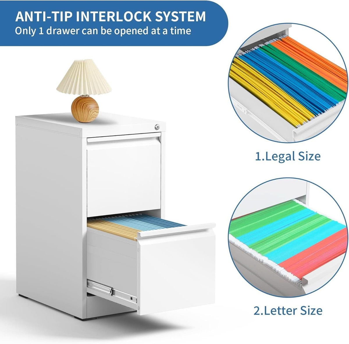 White 2 Drawer File Cabinet With Lock For Home Office Vertical Metal Filing Cabinet For Letter Legal A4 Files