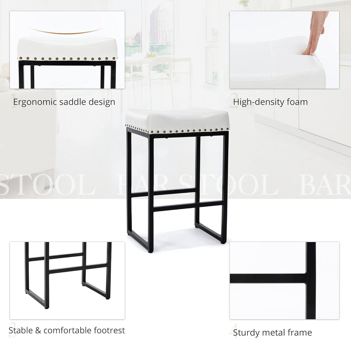 White 24 Inch Saddle Bar Stools Backless Faux Leather