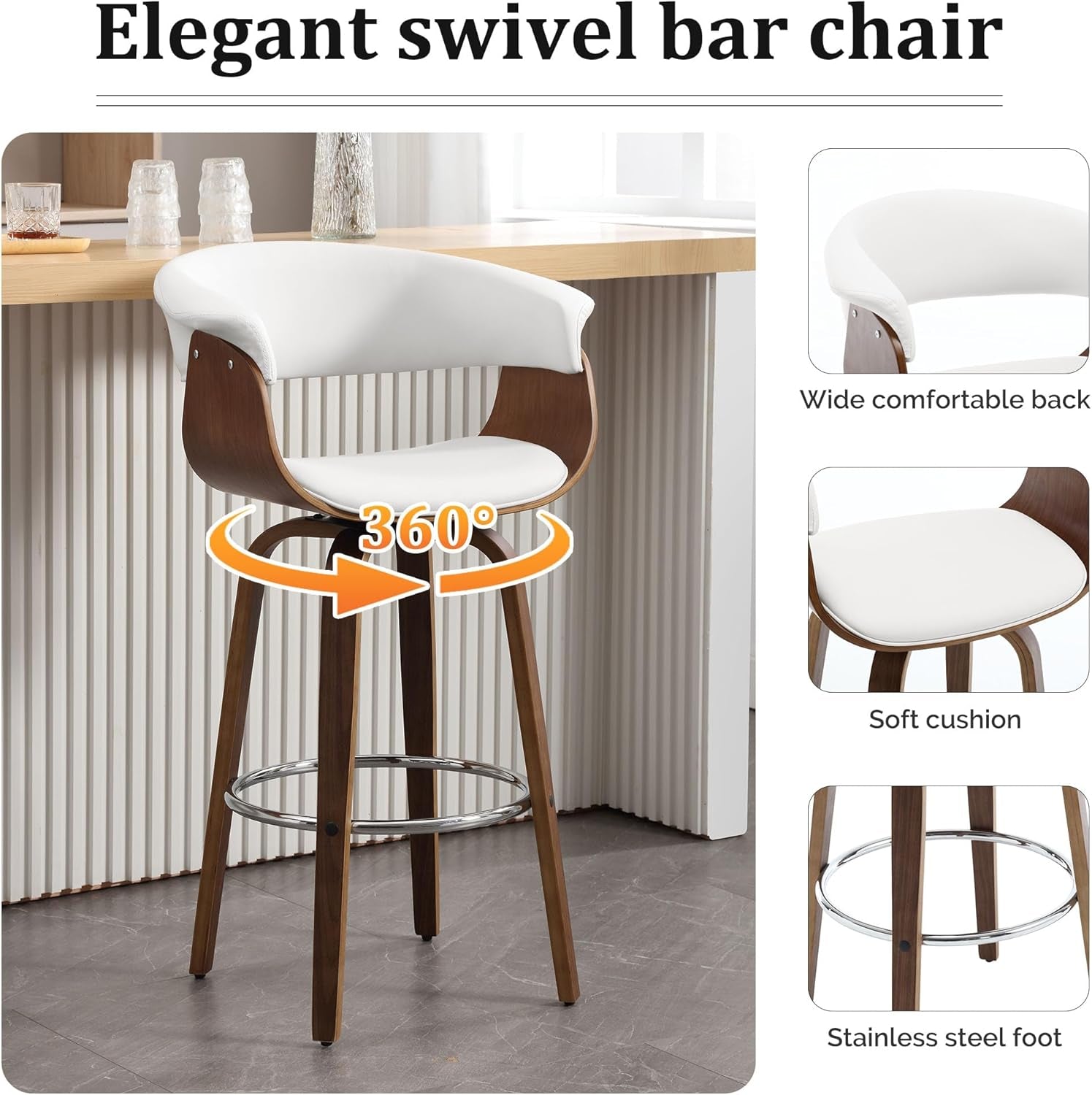 White 29 Inch Swivel Bar Stool With PU Leather Backed Seat