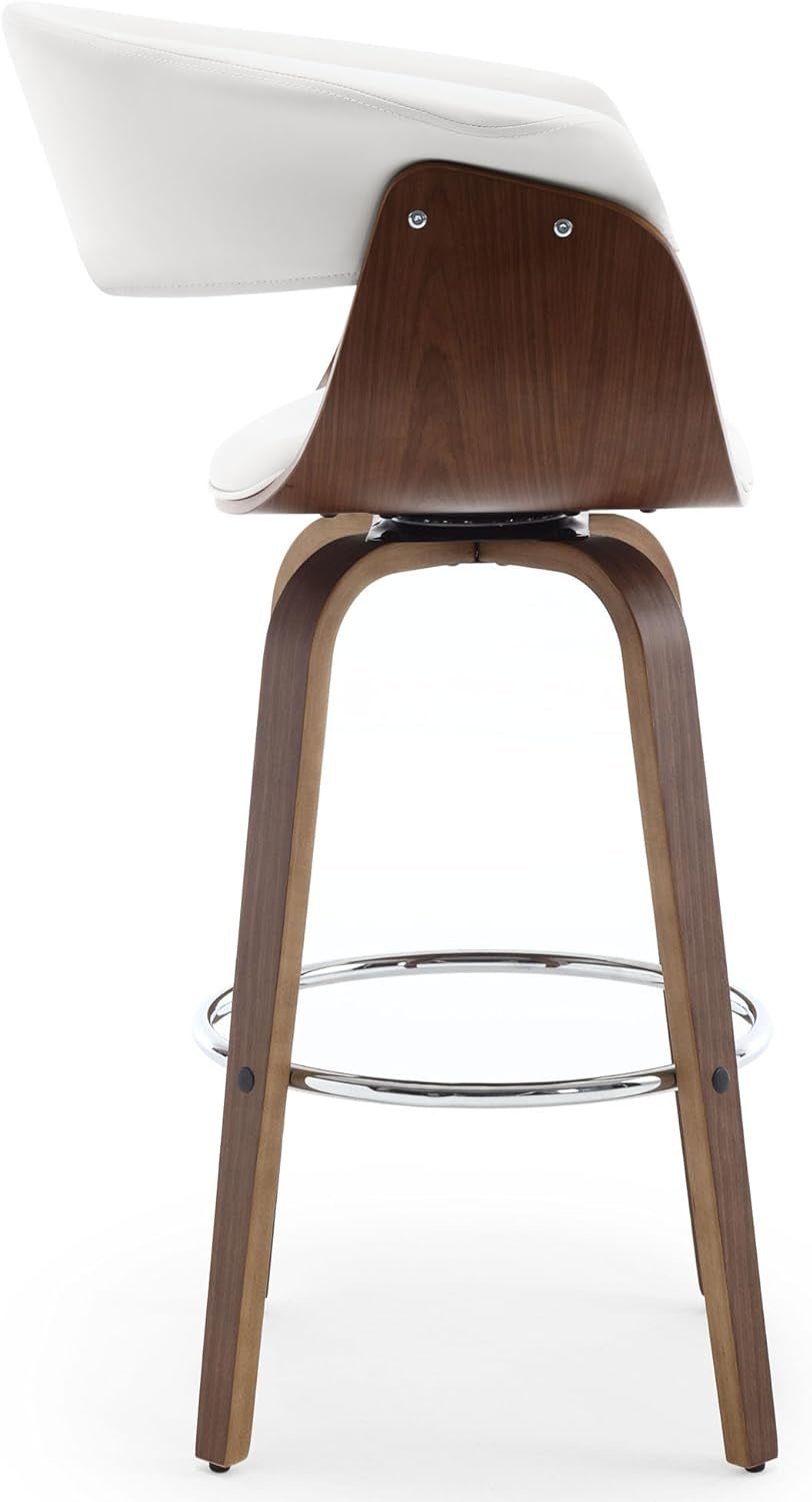 White 29 Inch Swivel Bar Stool With PU Leather Backed Seat