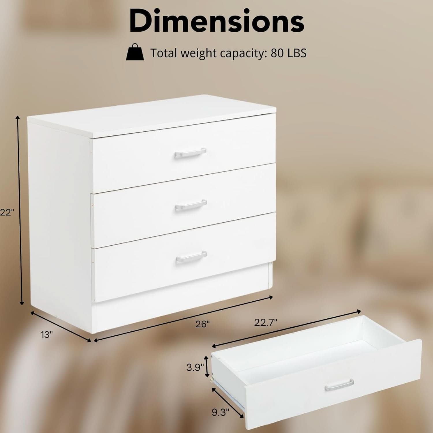 White 3 Drawer Dresser For Bedroom Modern Wooden Storage Chest