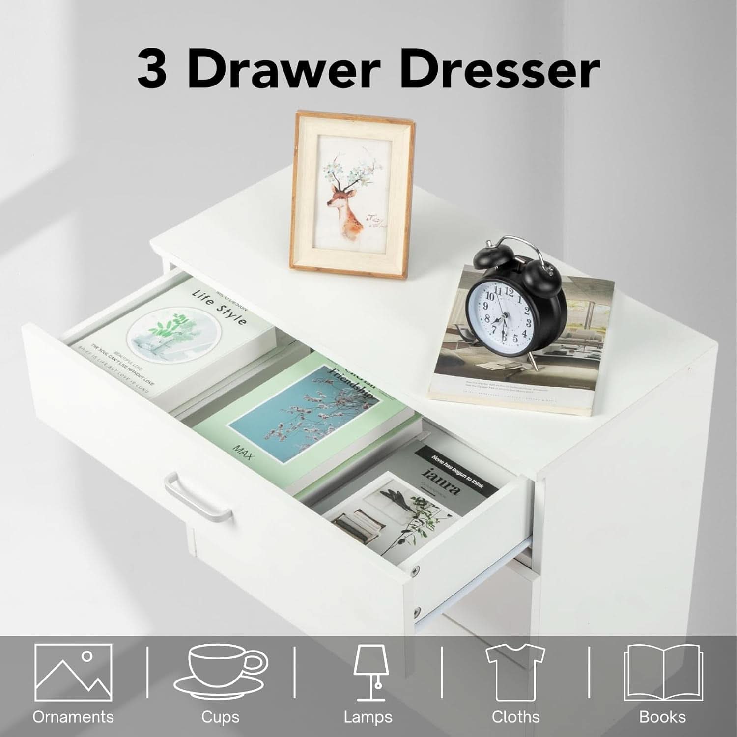 White 3 Drawer Dresser For Bedroom Modern Wooden Storage Chest
