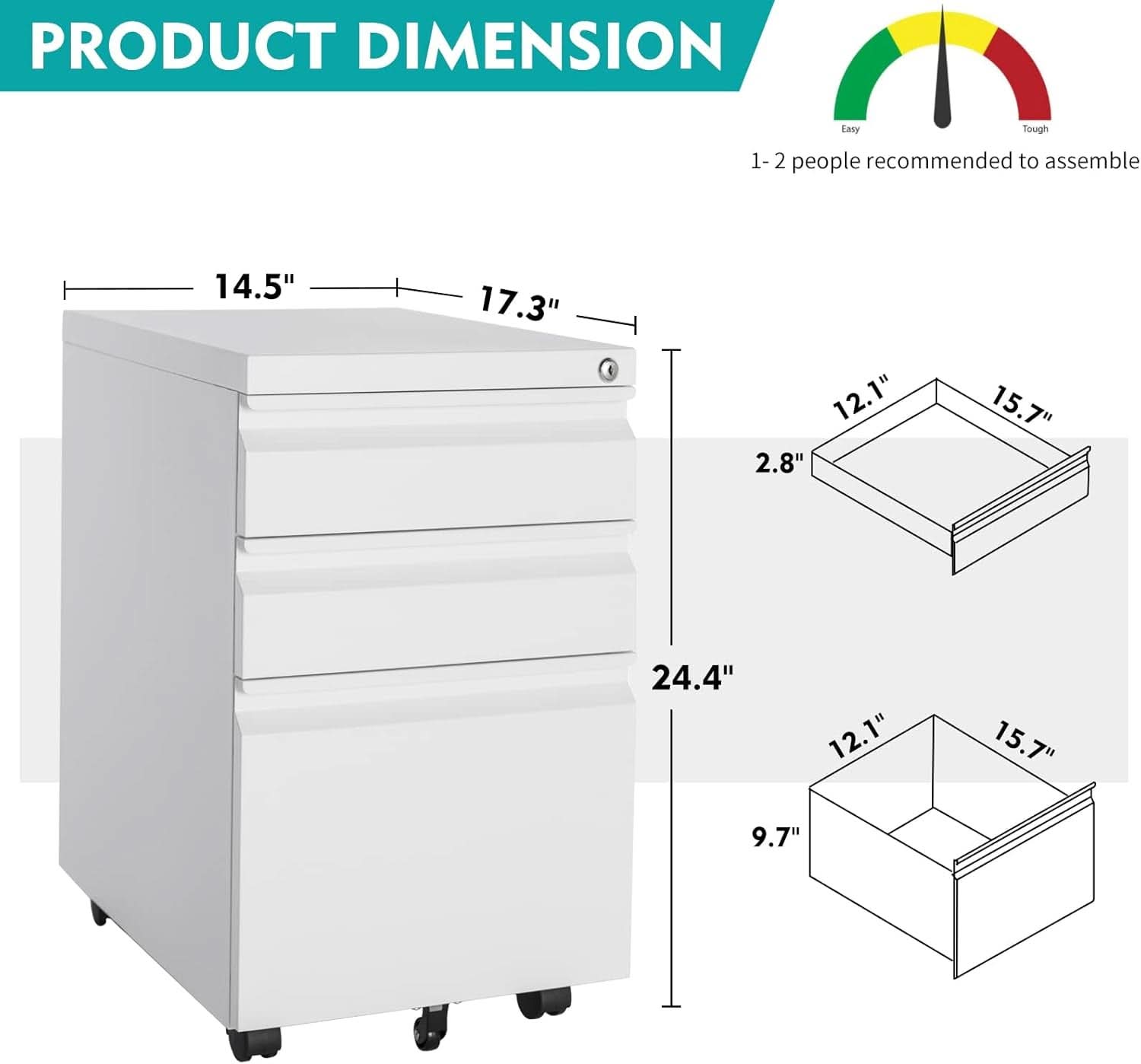White 3 Drawer Filing Cabinet On Wheels With Lock For Home Office