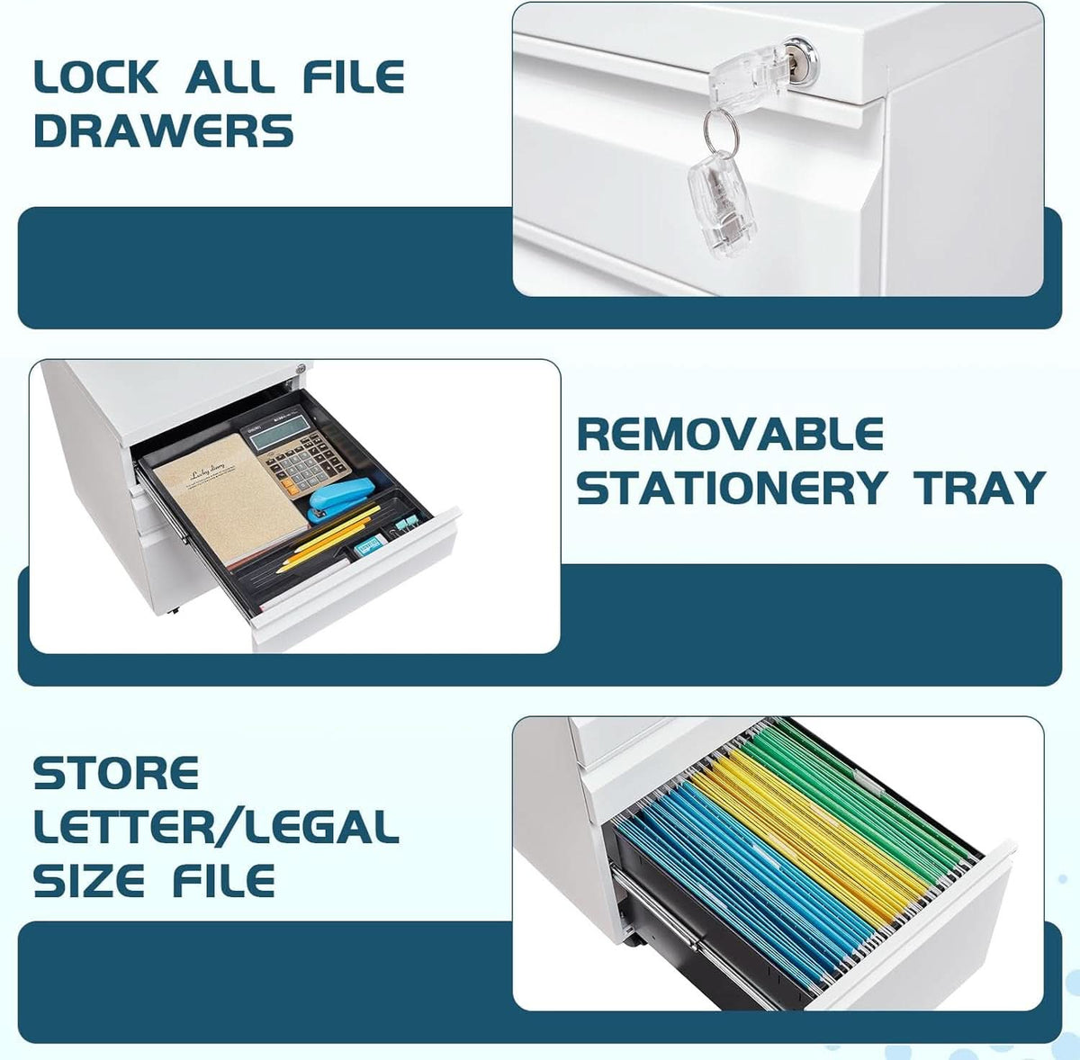 White 3 Drawer Filing Cabinet On Wheels With Lock For Home Office