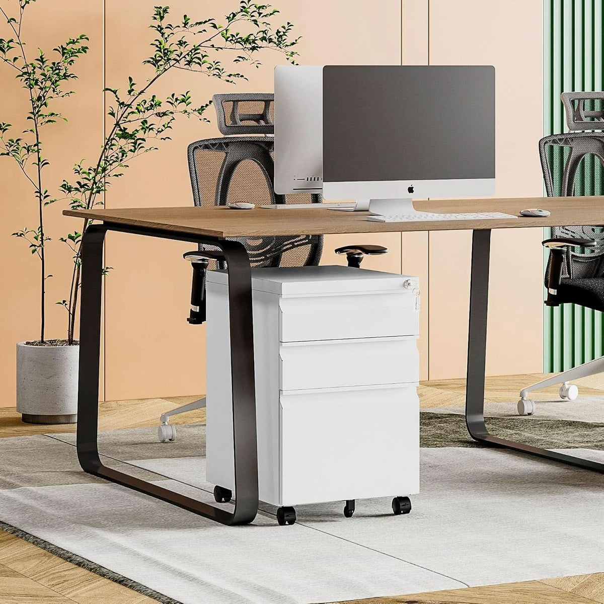 White 3 Drawer Filing Cabinet On Wheels With Lock For Home Office