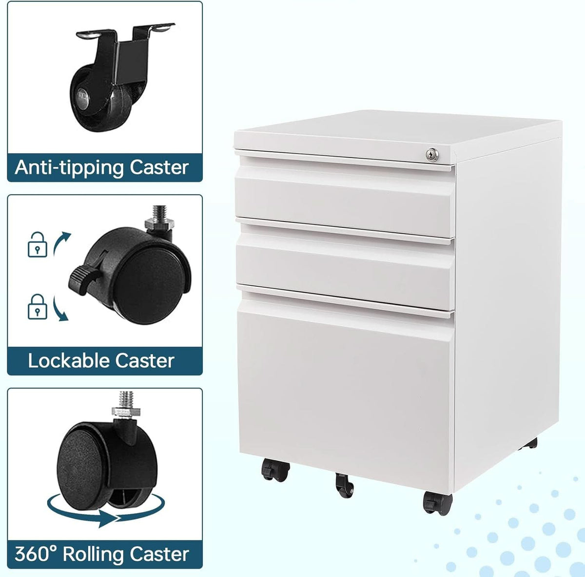 White 3 Drawer Filing Cabinet On Wheels With Lock For Home Office