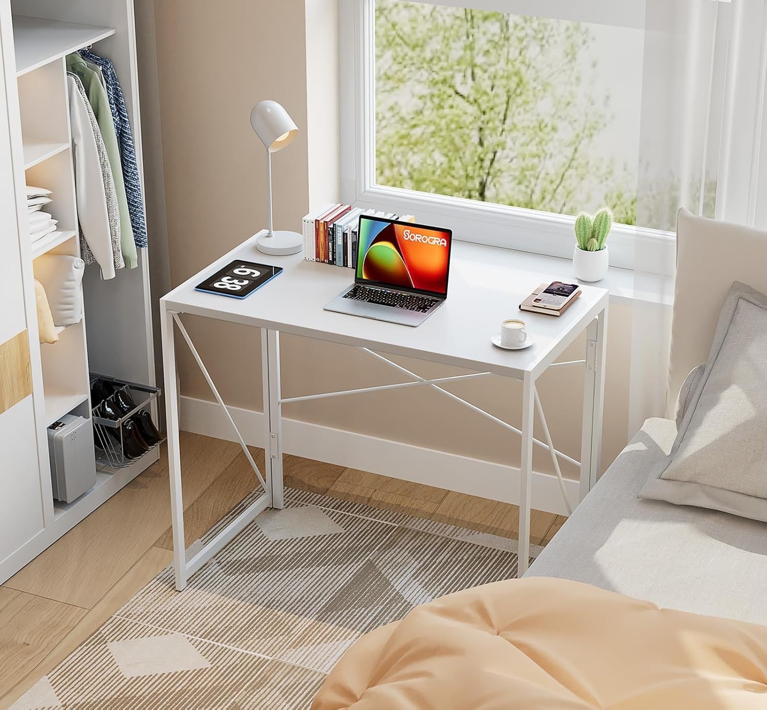 White 31.5 Inch Foldable Desk No Assembly Space Saving