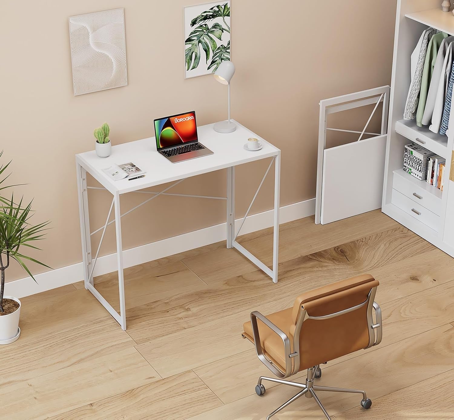 White 31.5 Inch Foldable Desk No Assembly Space Saving