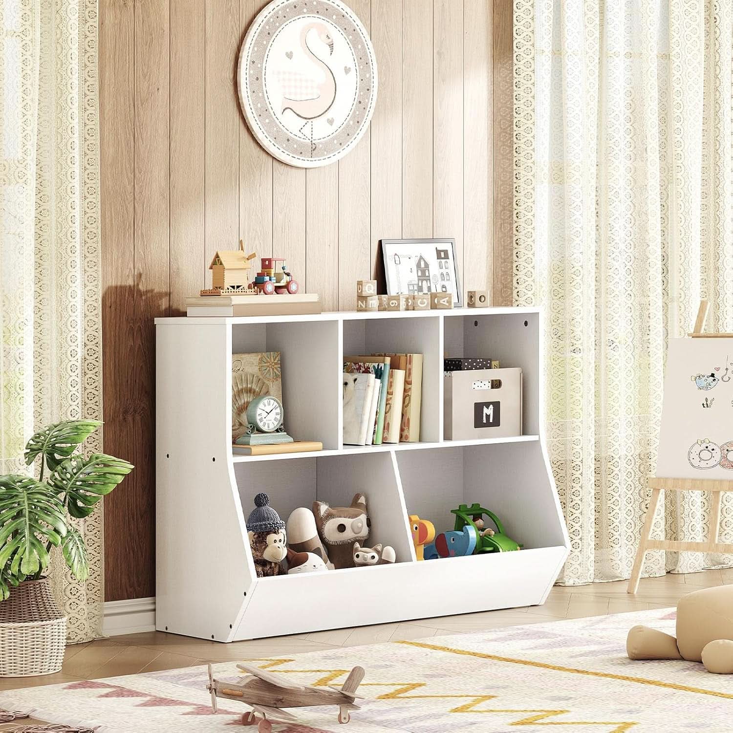 White 35.4 Inch Kids Bookshelf With Open Compartments