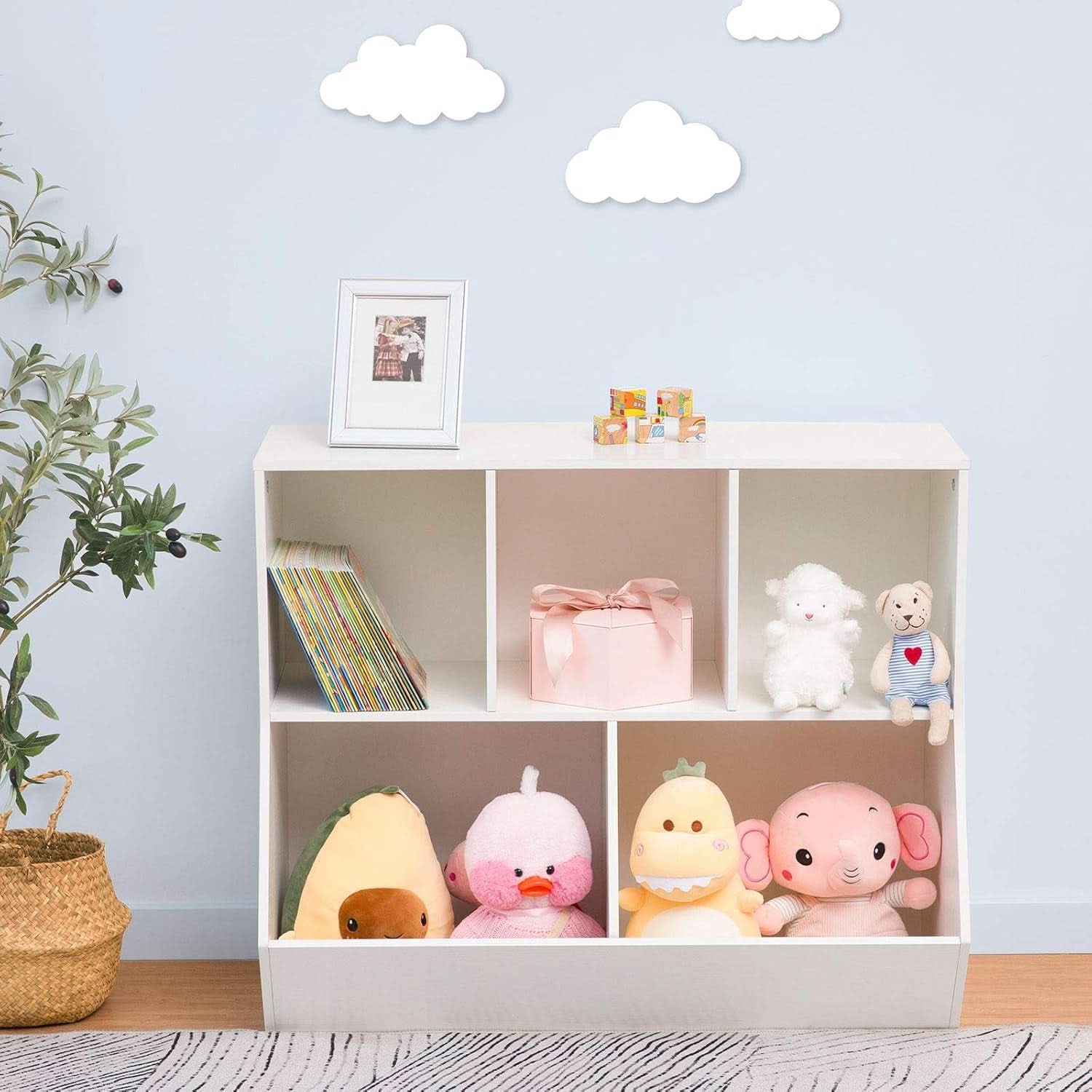 White 35.4 Inch Kids Bookshelf With Open Compartments
