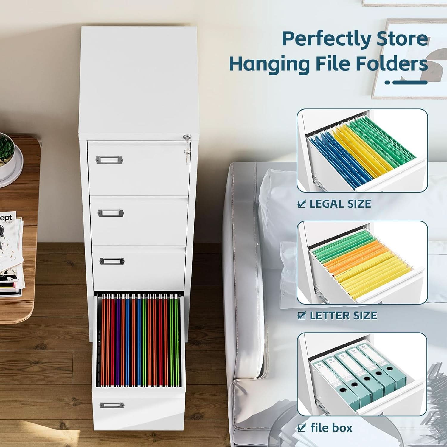 White 4 Drawer Vertical Locking File Cabinet For Office
