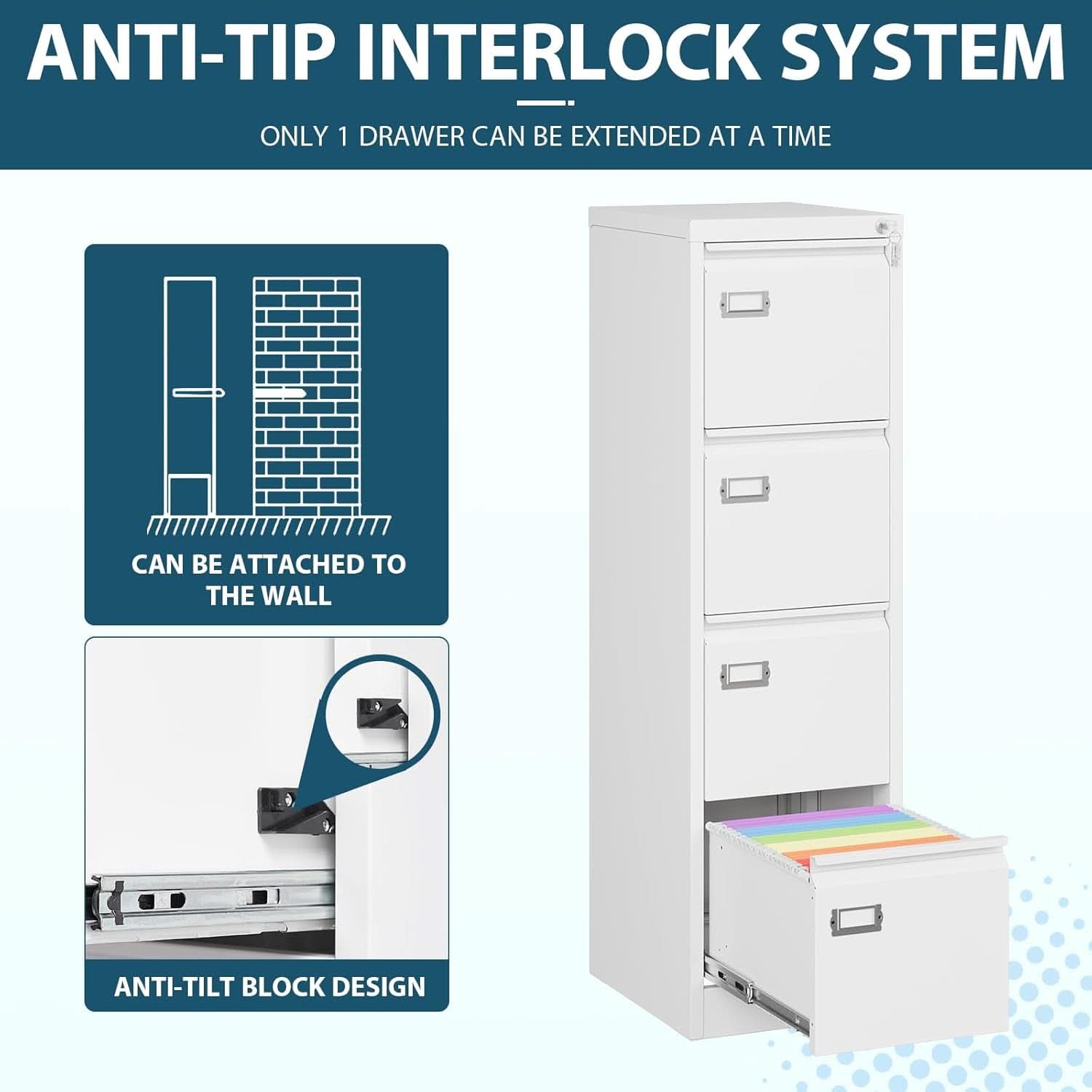 White 4 Drawer Vertical Locking File Cabinet For Office