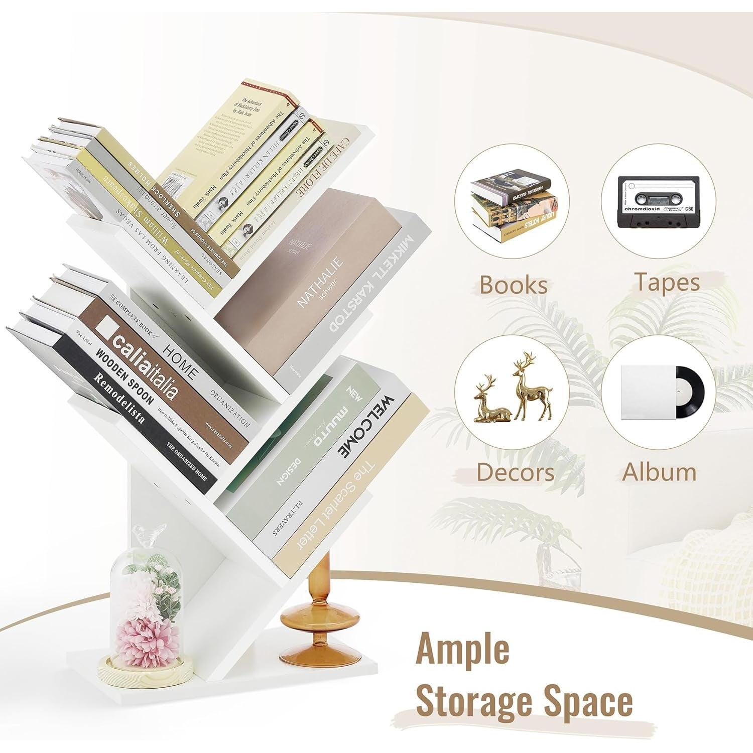 White 4 Tier Tree Bookshelf Free Standing Small Bookcase