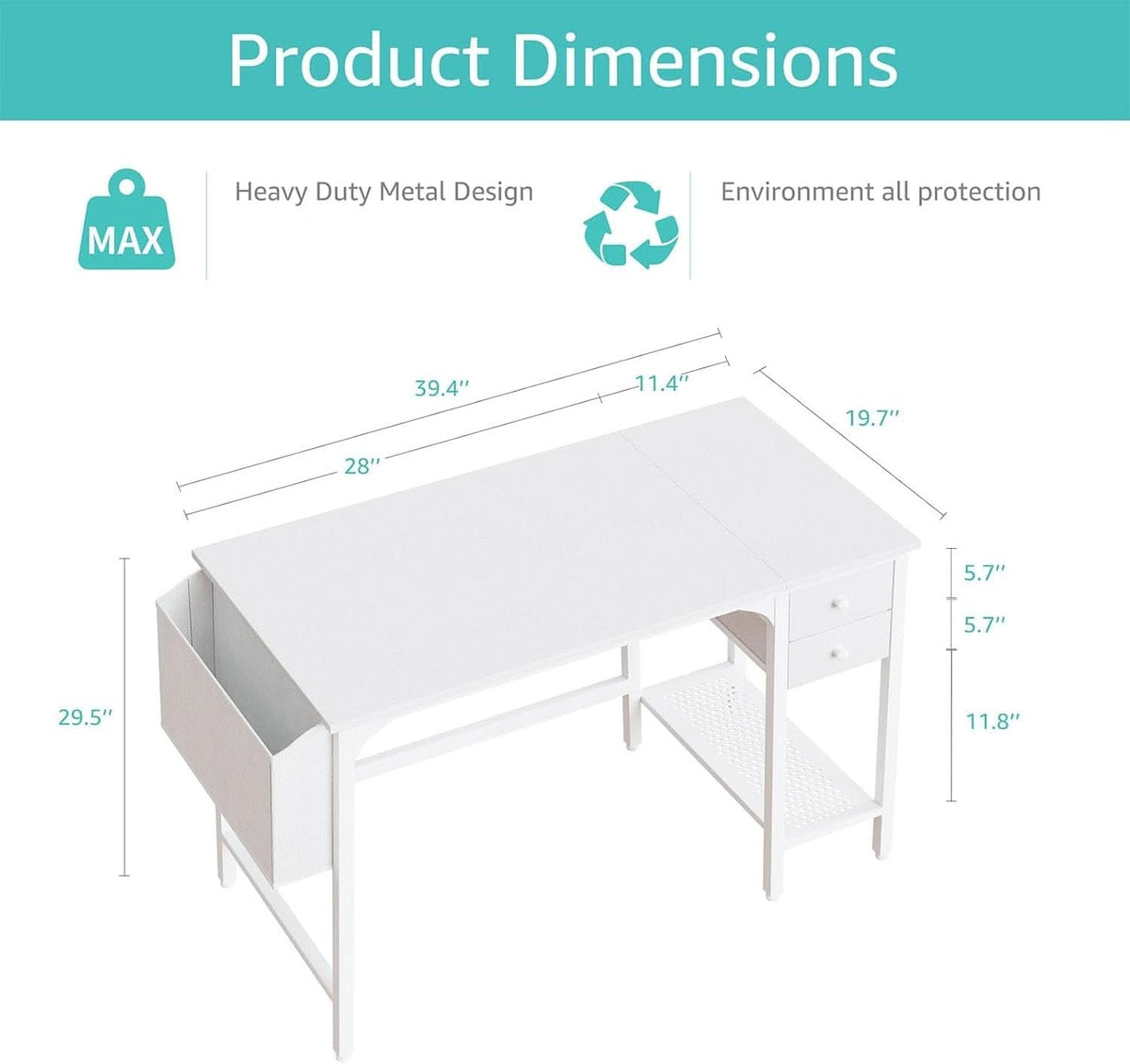 White 40 Inch Computer Desk With Drawers For Small Space Home Office
