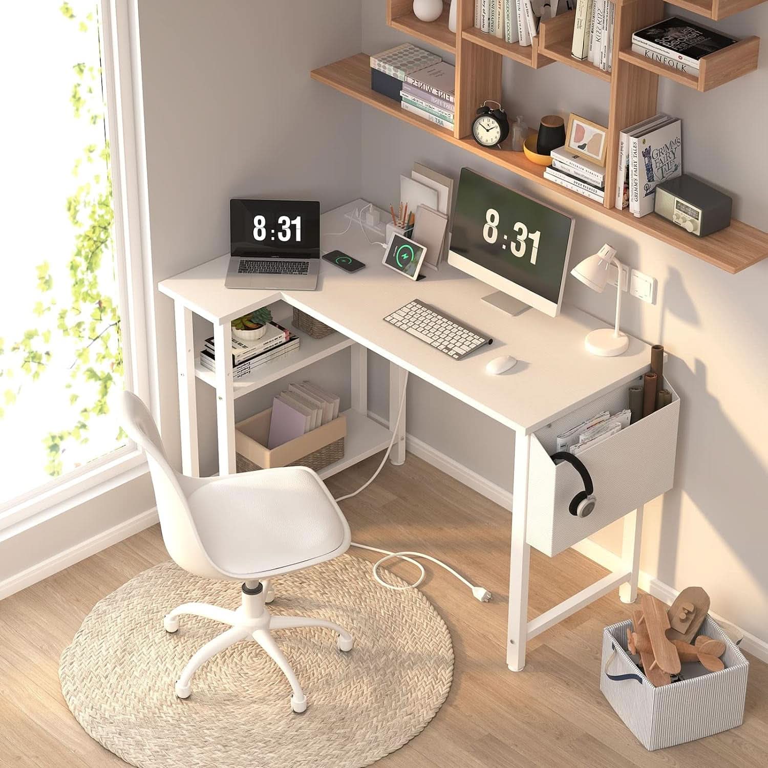 White 40 Inch L Shaped Computer Desk With Power Outlets